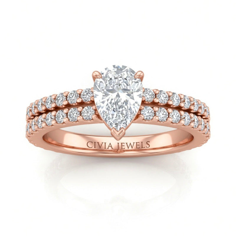 Rose Gold Pear Diamond Engagement Ring With Split Pavé Band Design