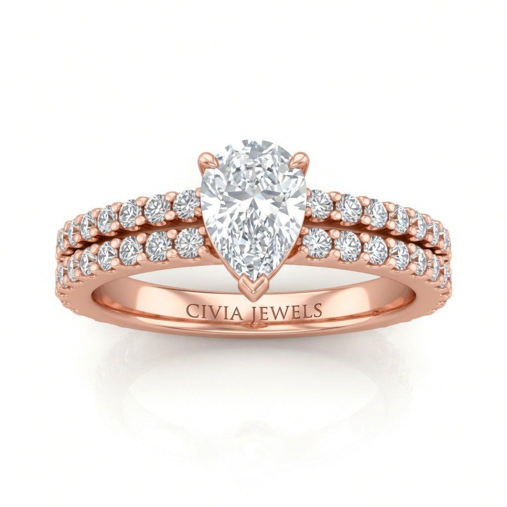 Rose Gold Pear Diamond Engagement Ring With Split Pavé Band Design