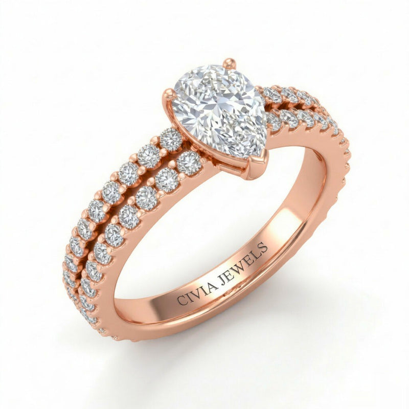 Rose Gold Pear Diamond Engagement Ring With Split Pavé Band Design