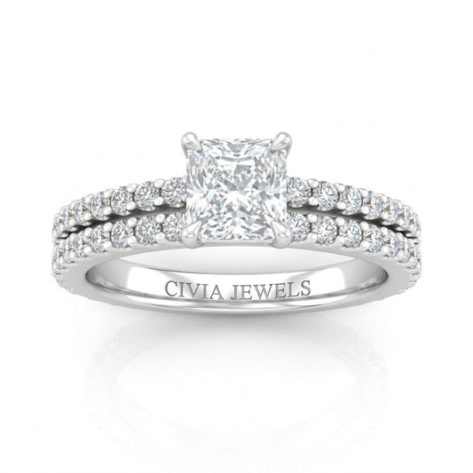 White Gold Princess Diamond Engagement Ring With Split Pavé Band Design
