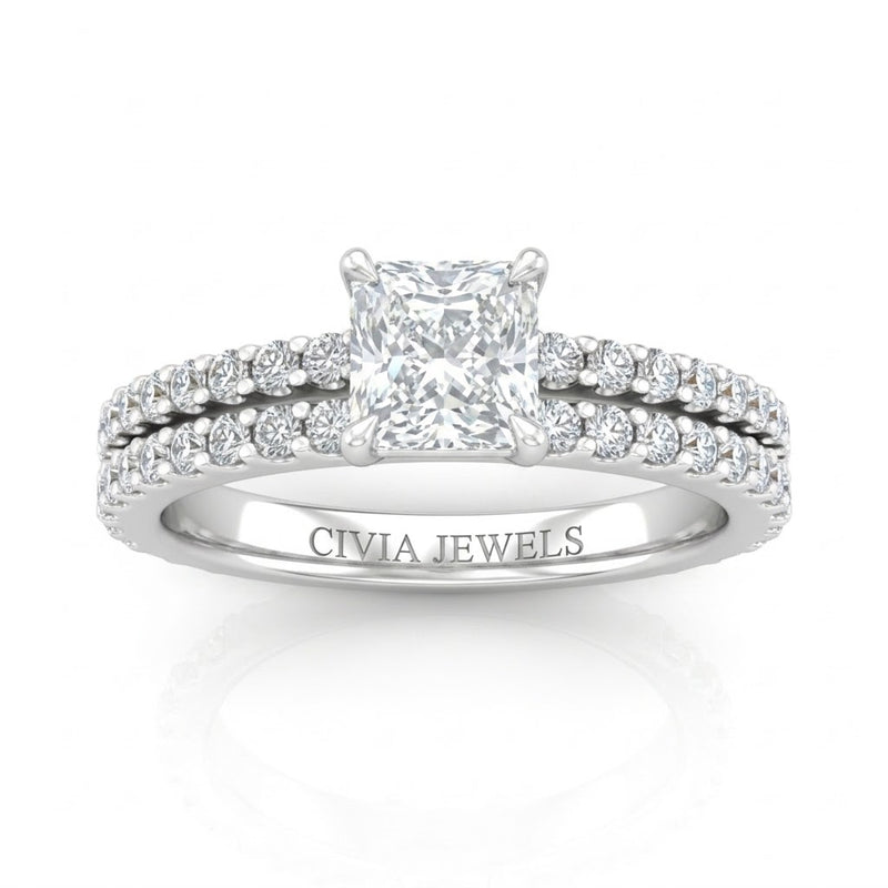 Silver Princess Diamond Engagement Ring With Split Pavé Band Design