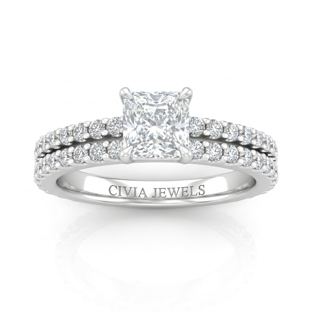 Silver Princess Diamond Engagement Ring With Split Pavé Band Design