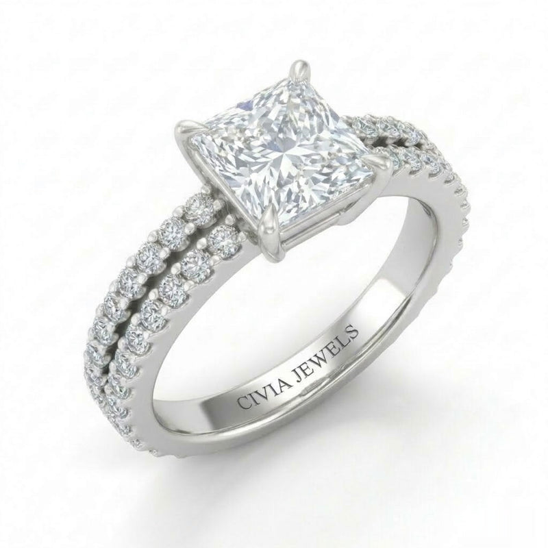 White Gold Princess Diamond Engagement Ring With Split Pavé Band Design