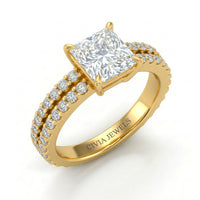 Yellow Gold Princess Diamond Engagement Ring With Split Pavé Band Design