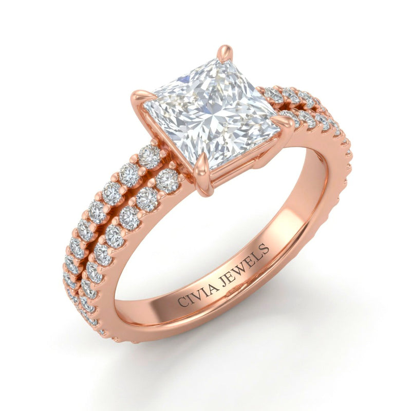 Rose Gold Princess Diamond Engagement Ring With Split Pavé Band Design