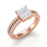 Rose Gold Princess Diamond Engagement Ring With Split Pavé Band Design