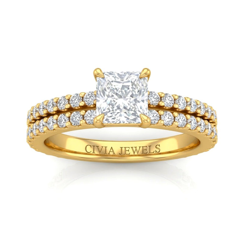 Yellow Gold Princess Diamond Engagement Ring With Split Pavé Band Design
