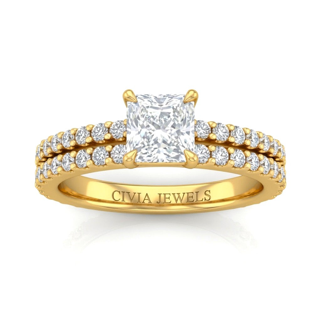 Yellow Gold Princess Diamond Engagement Ring With Split Pavé Band Design