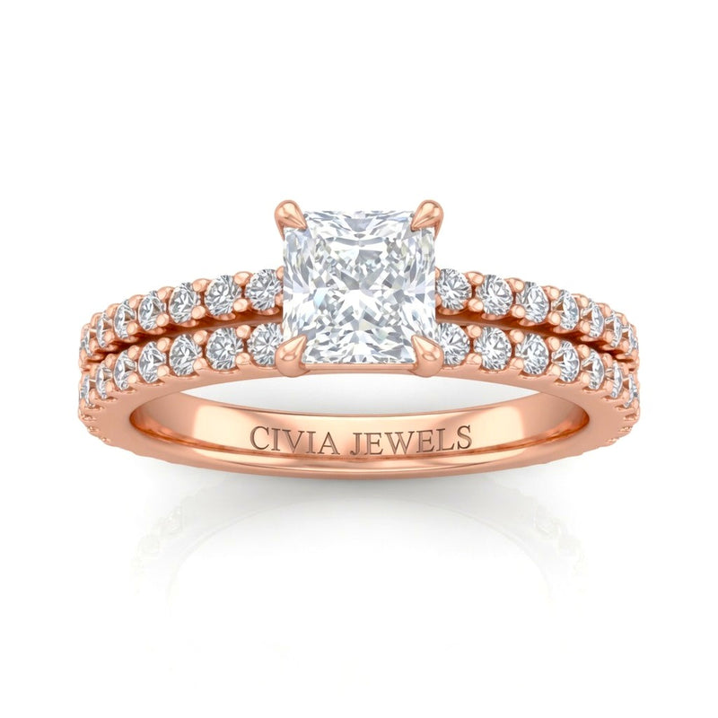 Rose Gold Princess Diamond Engagement Ring With Split Pavé Band Design