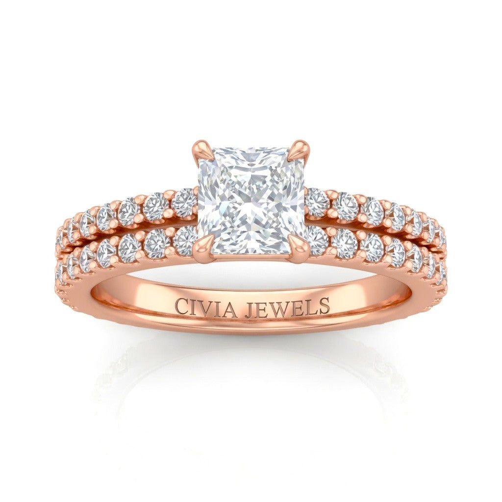 Rose Gold Princess Diamond Engagement Ring With Split Pavé Band Design