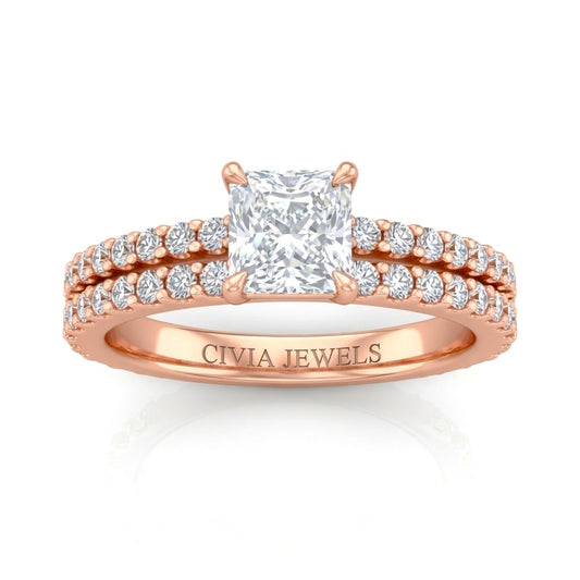 Rose Gold Princess Diamond Engagement Ring With Split Pavé Band Design