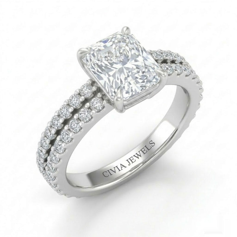 Silver Radiant Diamond Engagement Ring With Split Pavé Band Design