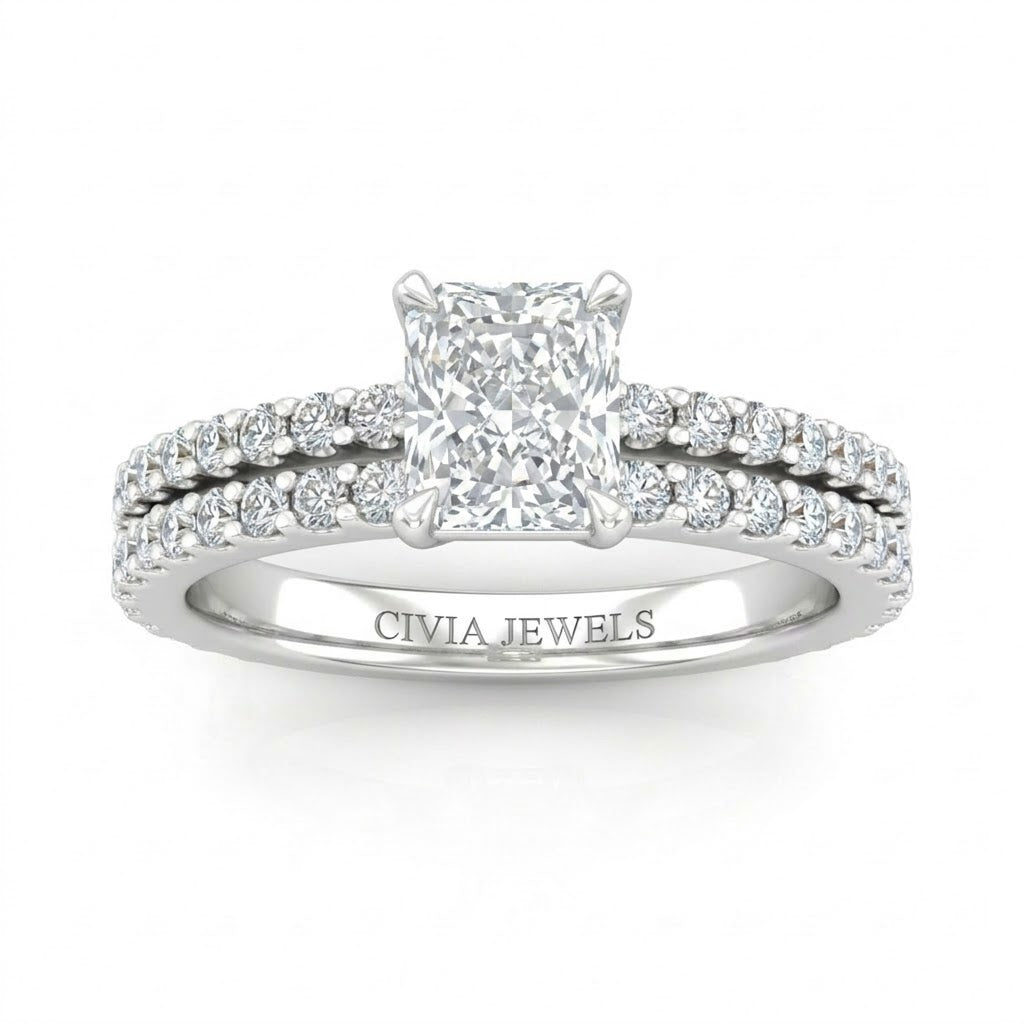 White Gold Radiant Diamond Engagement Ring With Split Pavé Band Design