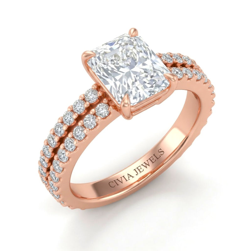 Rose Gold Radiant Diamond Engagement Ring With Split Pavé Band Design