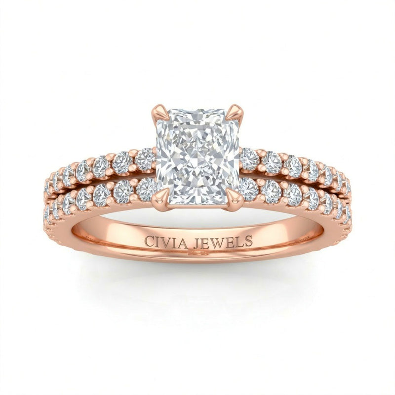 Rose Gold Radiant Diamond Engagement Ring With Split Pavé Band Design