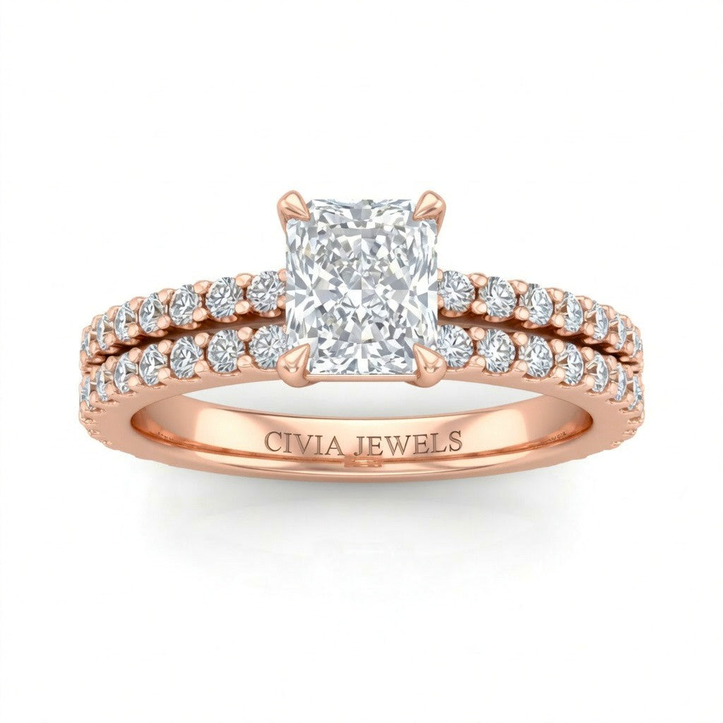 Rose Gold Radiant Diamond Engagement Ring With Split Pavé Band Design