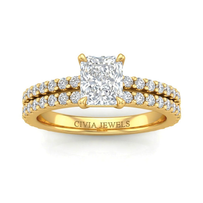 Yellow Gold Radiant Diamond Engagement Ring With Split Pavé Band Design