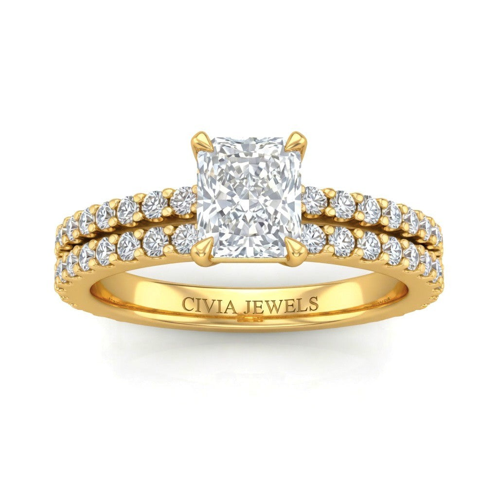 Yellow Gold Radiant Diamond Engagement Ring With Split Pavé Band Design