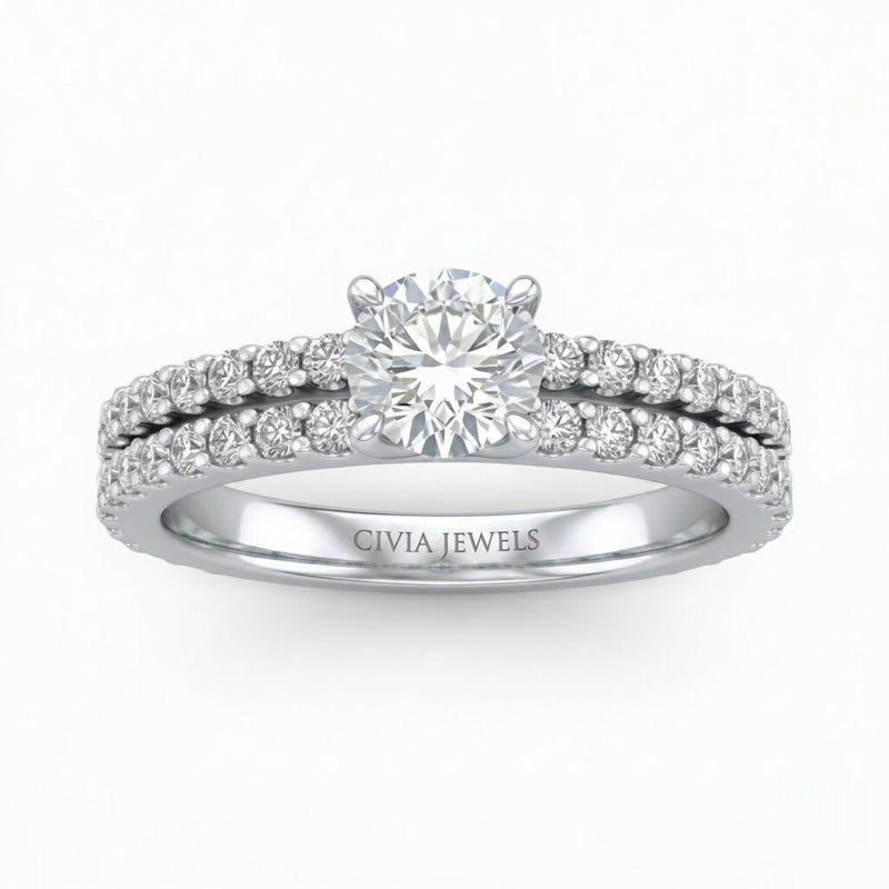 Silver Round Diamond Engagement Ring With Split Pavé Band Design