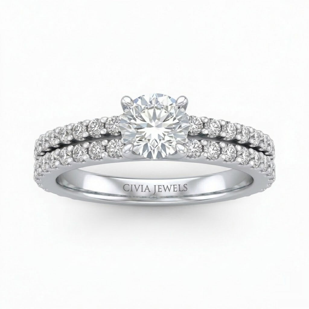 White Gold Round Diamond Engagement Ring With Split Pavé Band Design
