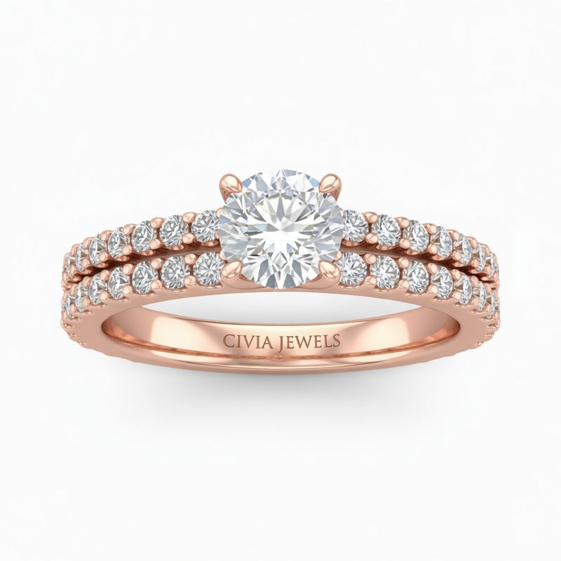 Rose Gold Round Diamond Engagement Ring With Split Pavé Band Design
