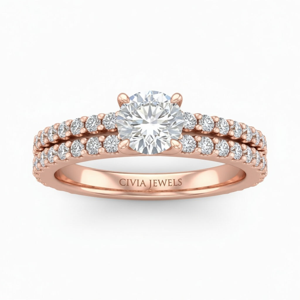 Rose Gold Round Diamond Engagement Ring With Split Pavé Band Design