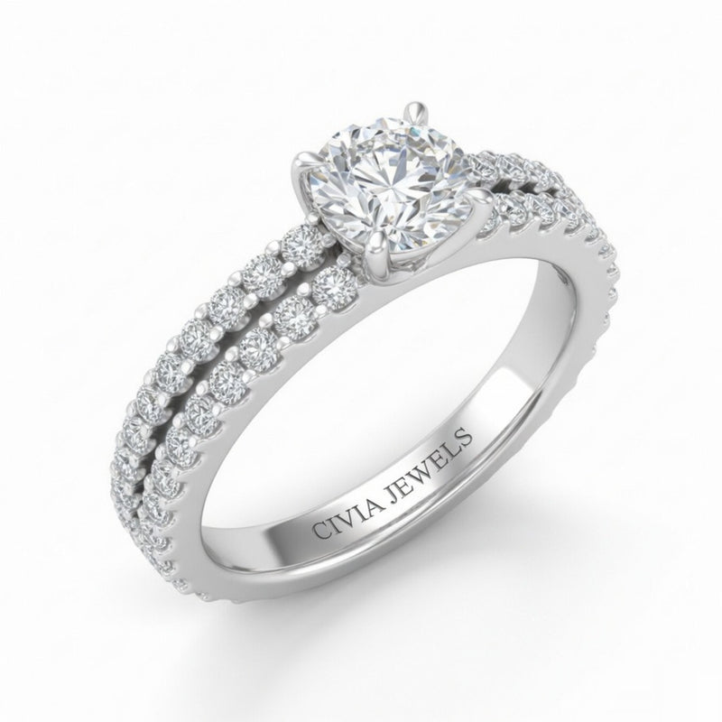 White Gold Round Diamond Engagement Ring With Split Pavé Band Design