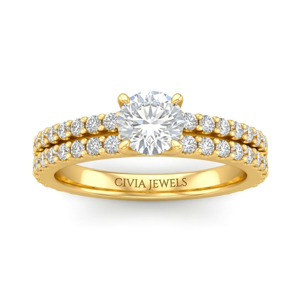 Yellow Gold Round Diamond Engagement Ring With Split Pavé Band Design