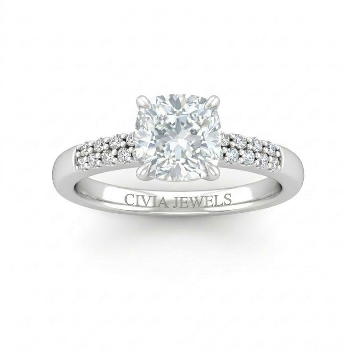 Silver Cushion Diamond Engagement Ring With Double Pavé Accent Band
