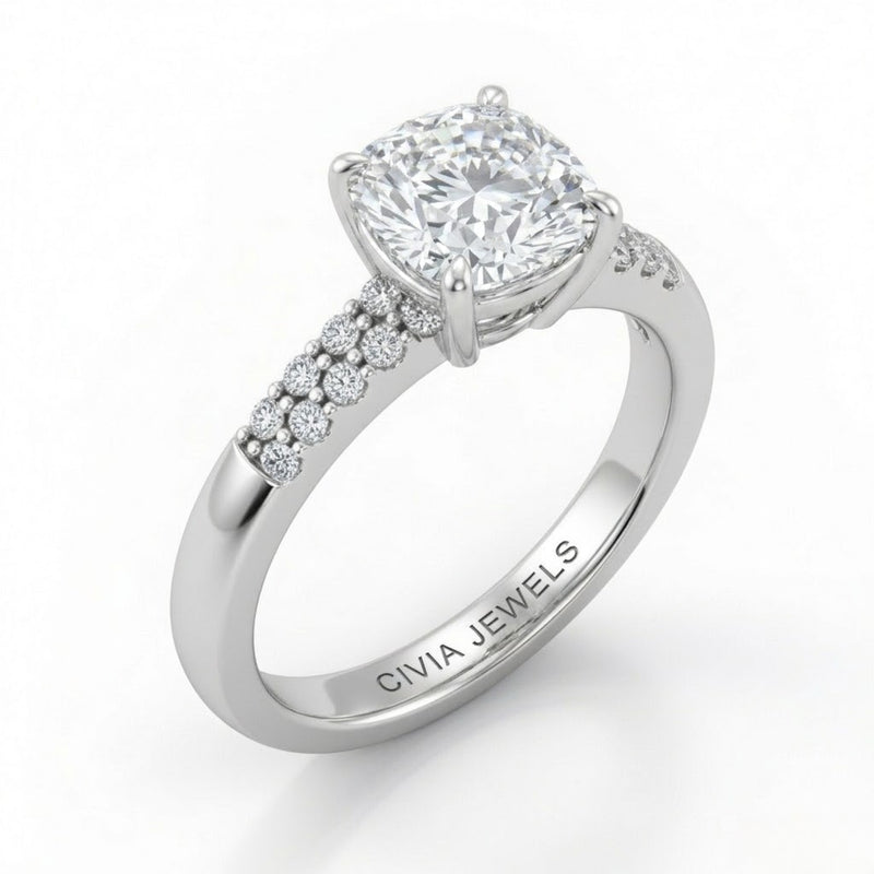 Silver Cushion Diamond Engagement Ring With Double Pavé Accent Band