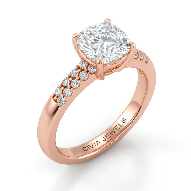 Rose Gold Cushion Diamond Engagement Ring With Double Pavé Accent Band