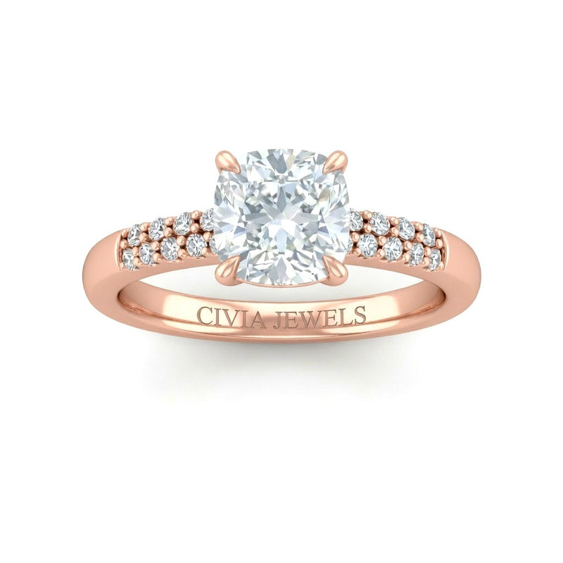 Rose Gold Cushion Diamond Engagement Ring With Double Pavé Accent Band