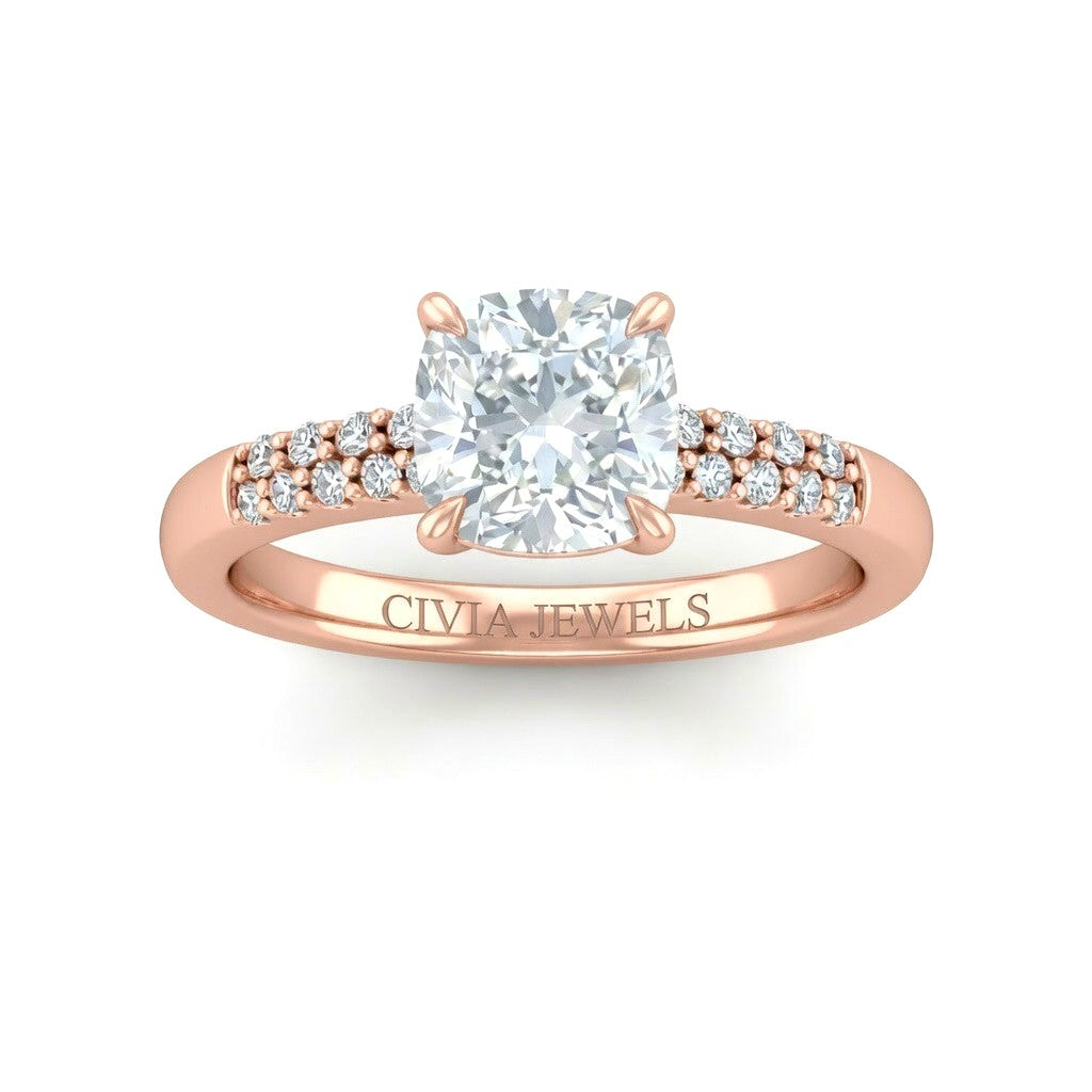 Rose Gold Cushion Diamond Engagement Ring With Double Pavé Accent Band