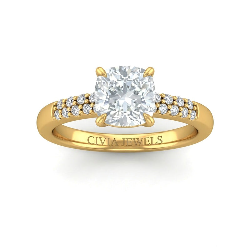 Yellow Gold Cushion Diamond Engagement Ring With Double Pavé Accent Band