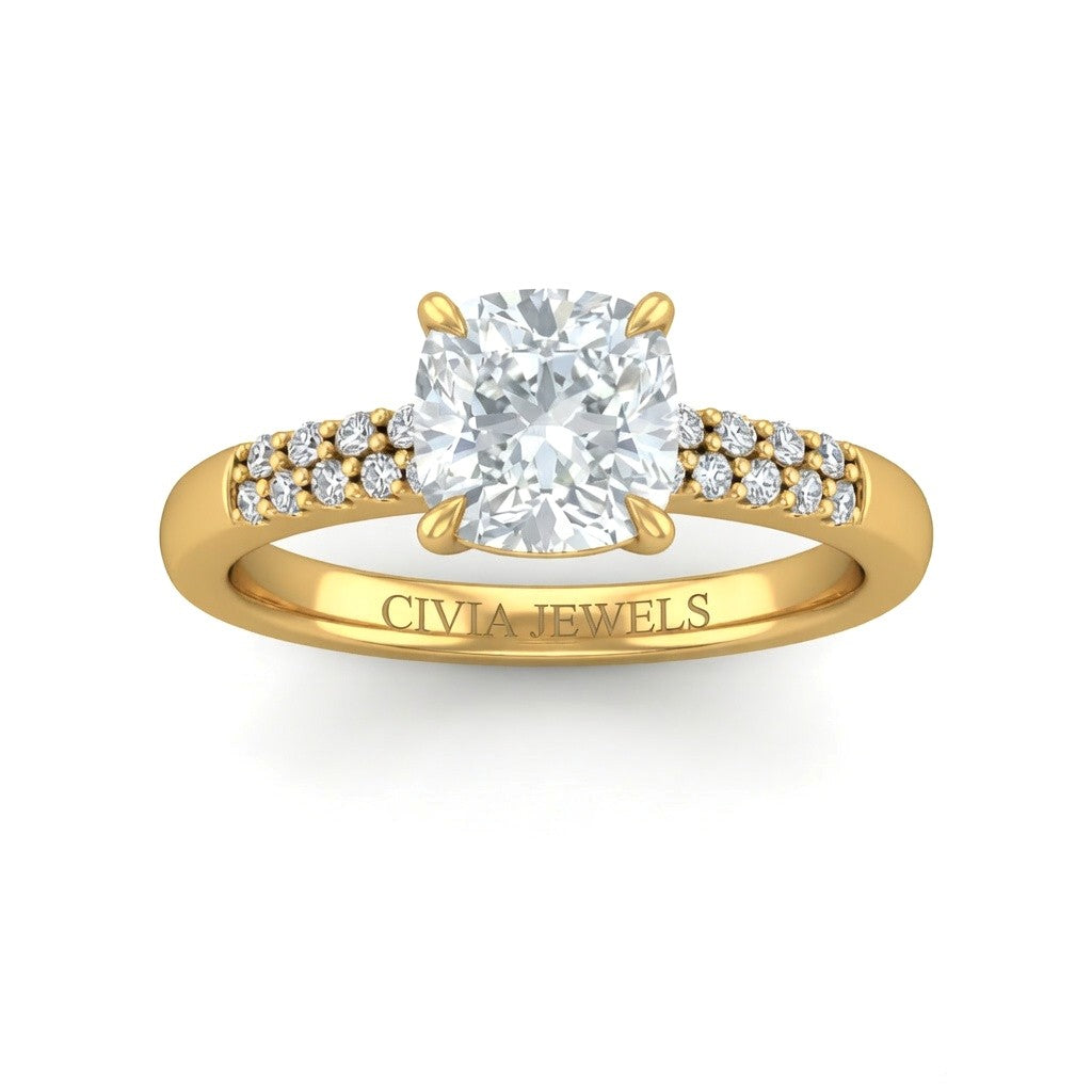 Yellow Gold Cushion Diamond Engagement Ring With Double Pavé Accent Band