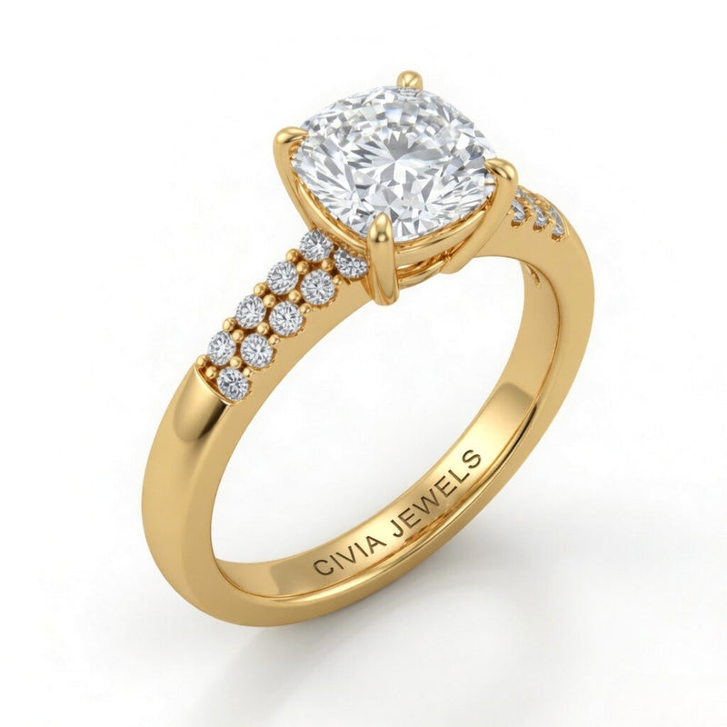 Yellow Gold Cushion Diamond Engagement Ring With Double Pavé Accent Band