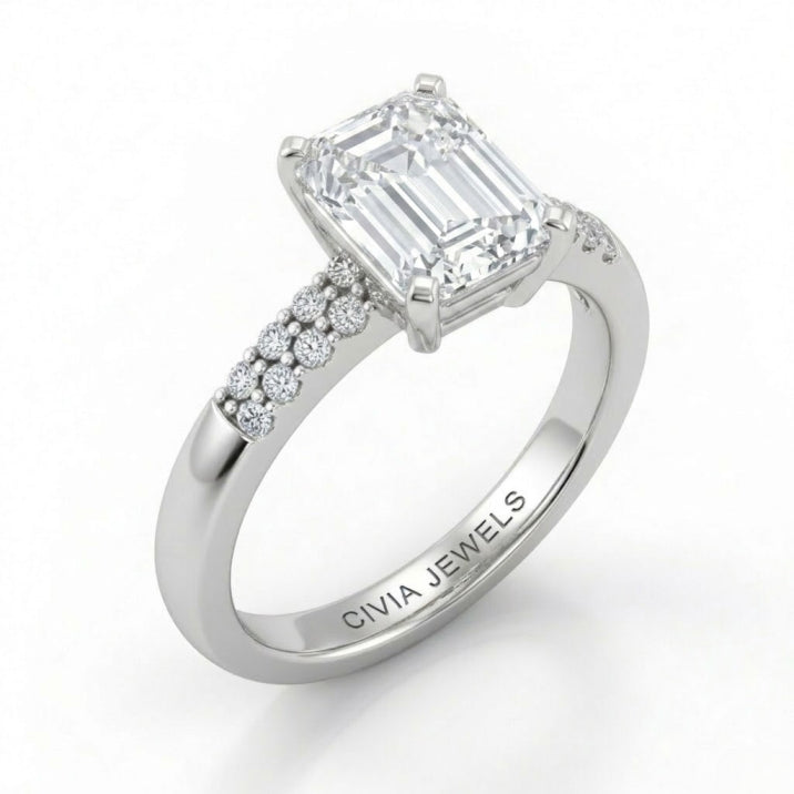 Silver Emerald Diamond Engagement Ring With Double Pavé Accent Band