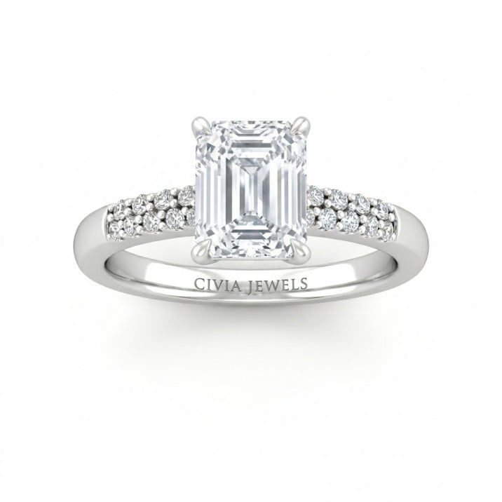 White Gold Emerald Diamond Engagement Ring With Double Pavé Accent Band