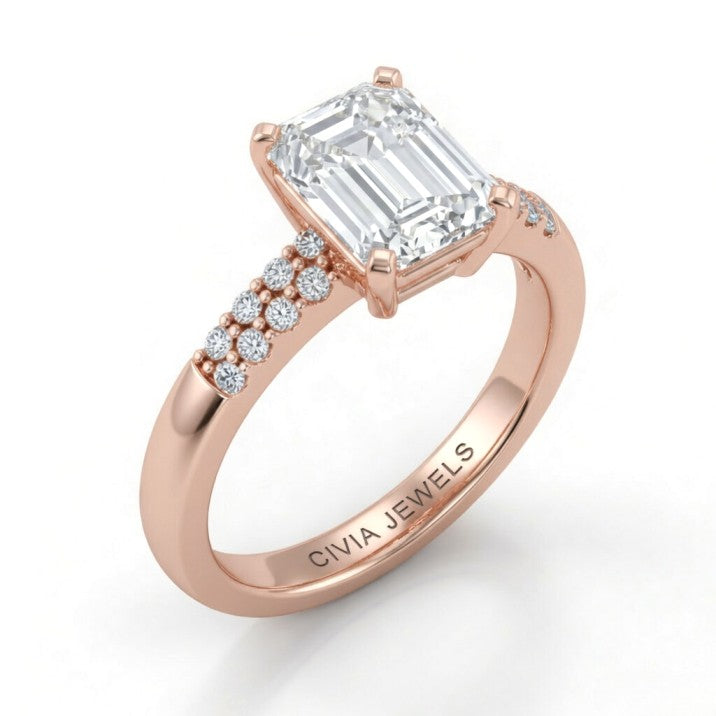 Rose Gold Emerald Diamond Engagement Ring With Double Pavé Accent Band