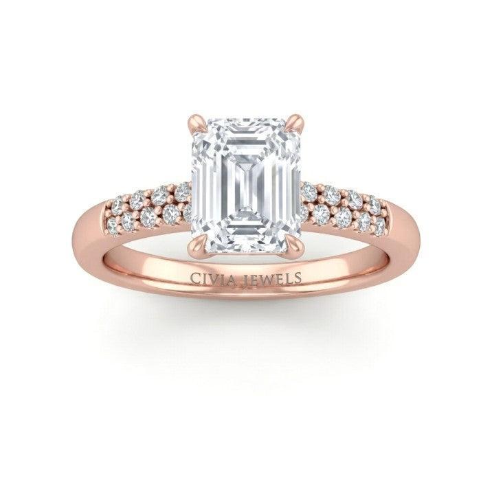 Rose Gold Emerald Diamond Engagement Ring With Double Pavé Accent Band