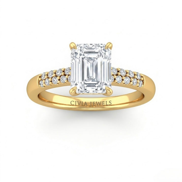 Yellow Gold Emerald Diamond Engagement Ring With Double Pavé Accent Band