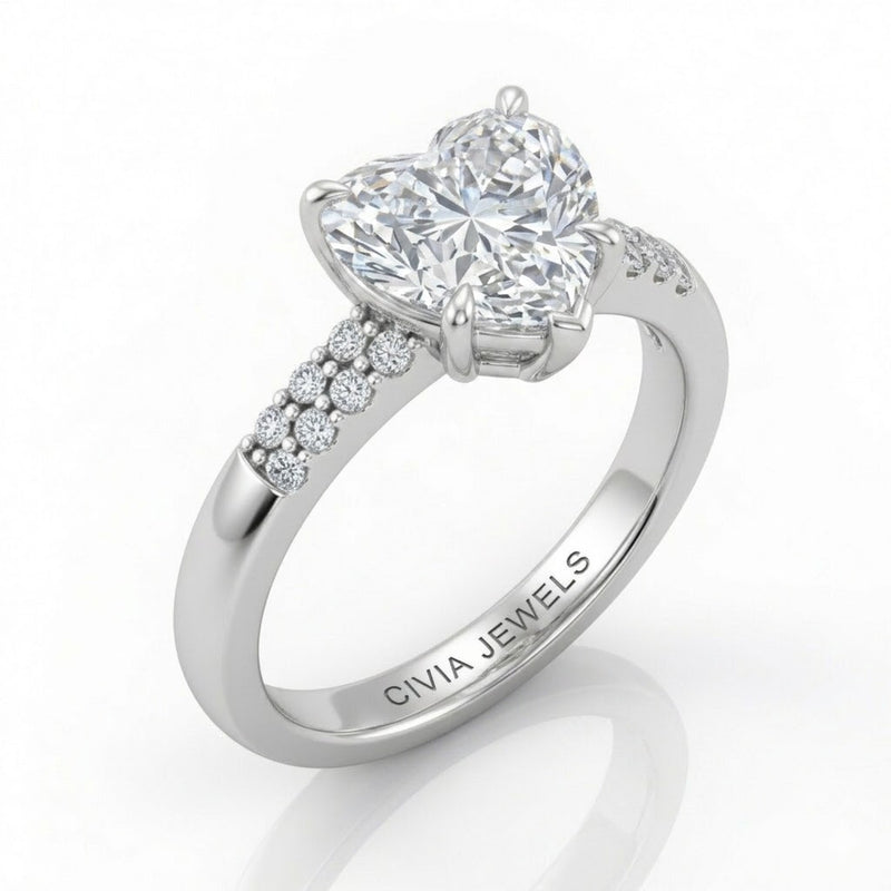 White Gold Heart Diamond Engagement Ring With Double Pavé Accent Band
