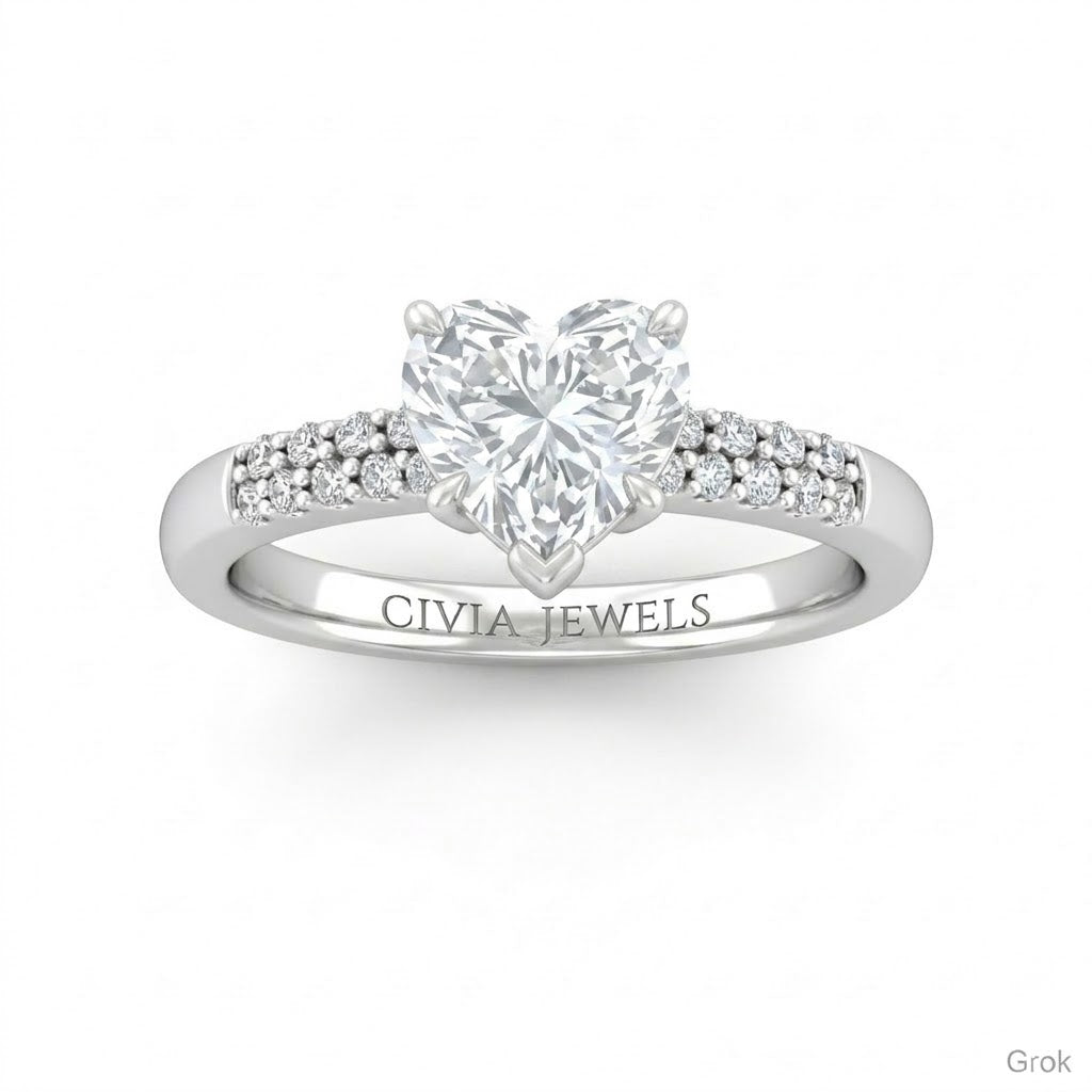 White Gold Heart Diamond Engagement Ring With Double Pavé Accent Band