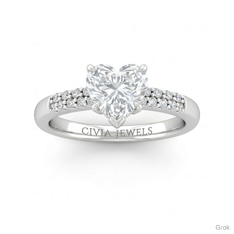 Silver Heart Diamond Engagement Ring With Double Pavé Accent Band