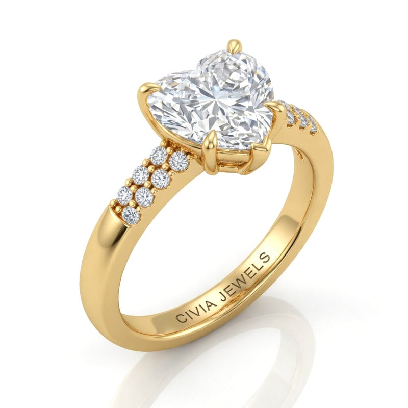 Yellow Gold Heart Diamond Engagement Ring With Double Pavé Accent Band