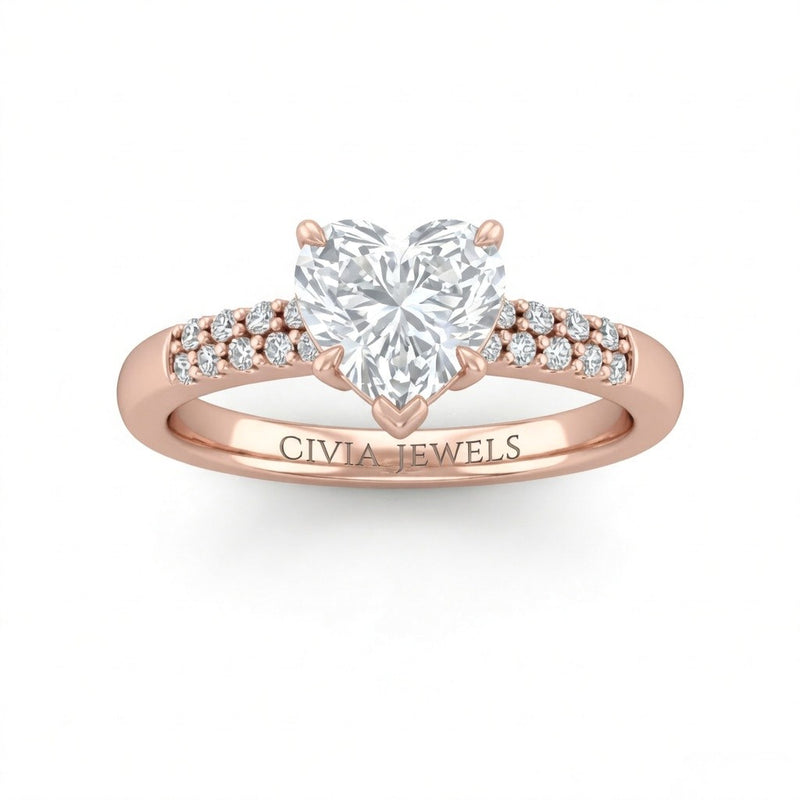 Rose Gold Heart Diamond Engagement Ring With Double Pavé Accent Band