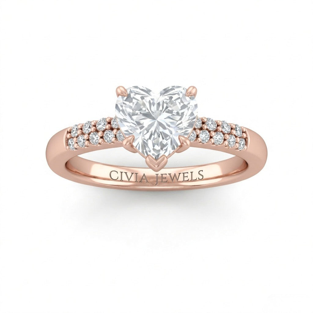 Rose Gold Heart Diamond Engagement Ring With Double Pavé Accent Band