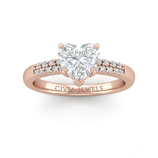 Rose Gold Heart Diamond Engagement Ring With Double Pavé Accent Band