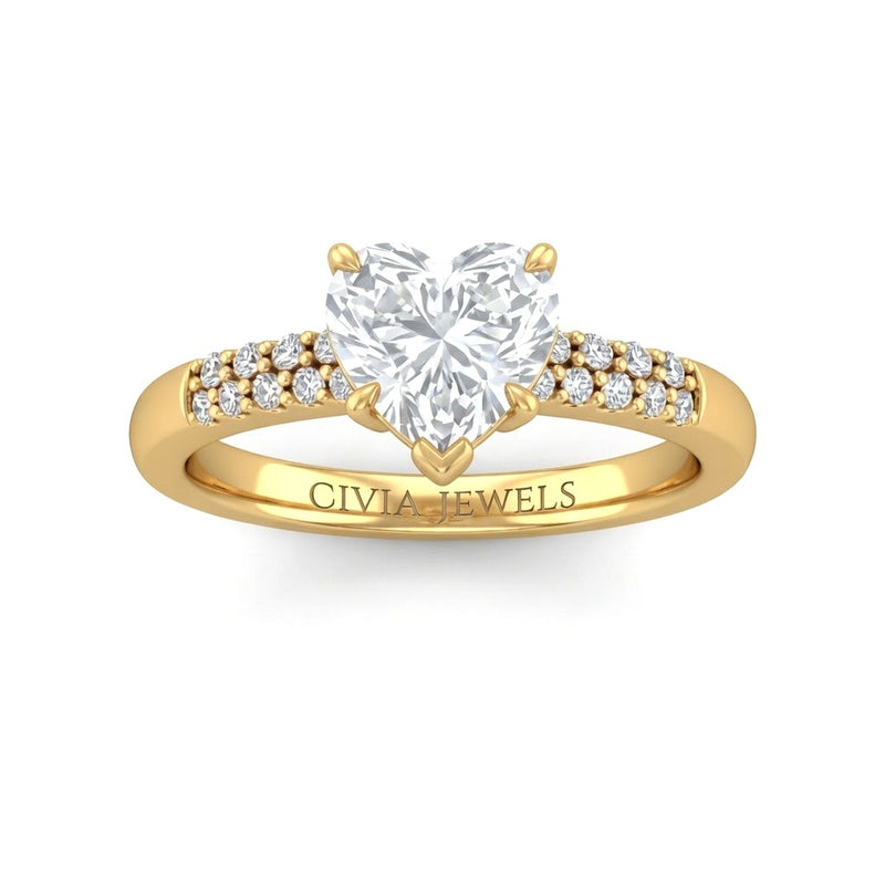 Yellow Gold Heart Diamond Engagement Ring With Double Pavé Accent Band