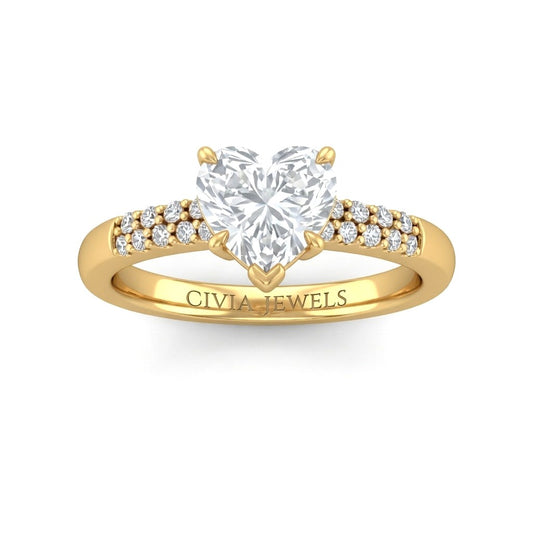 Yellow Gold Heart Diamond Engagement Ring With Double Pavé Accent Band